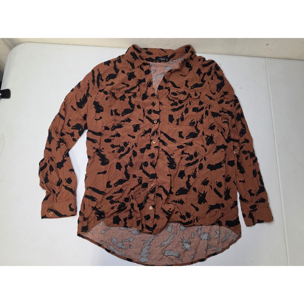 Milk‎ & Honey Women XL Brown Black Abstract Splatter Button Down High Low Blouse